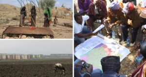 Image collage featuring 2 images on left and one on right. Top left: Three women use wood to build a structure. Bottom left: A mule grazes in an empty field near several barracks-like structures. Right: A group of men gather around a map on the ground.