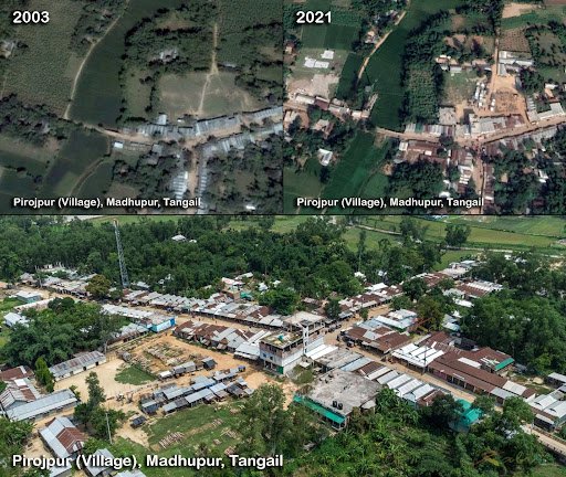 Aerial views of Pirojpur villlage in 2003 and 2021 for the purpose of comparing expansion of human activity.